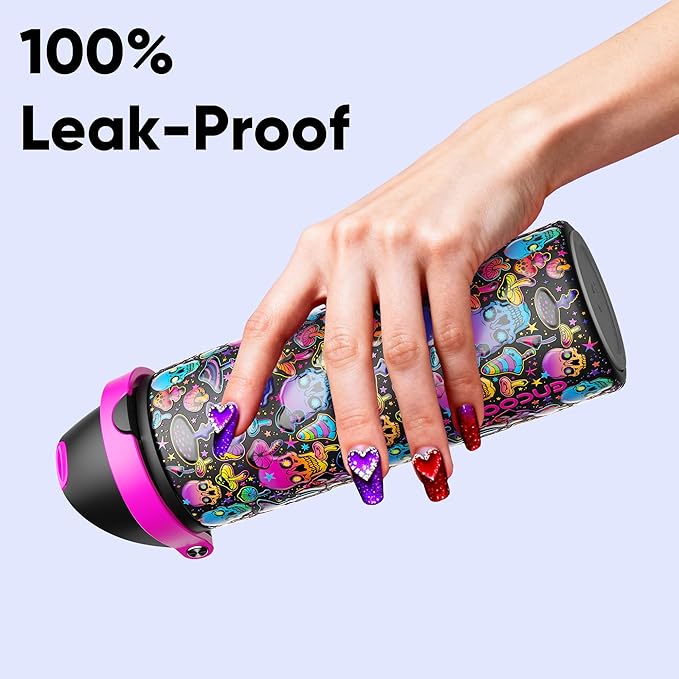 Insulated Water Bottle with Straw - Encool Stainless Steel Water Bottle with Push Button Lid, Leak-Proof & BPA-Free, Keeps Cold for 24 Hours for Sports, Travel, Gym (24 oz, Trippy Skulls) ENCOOL