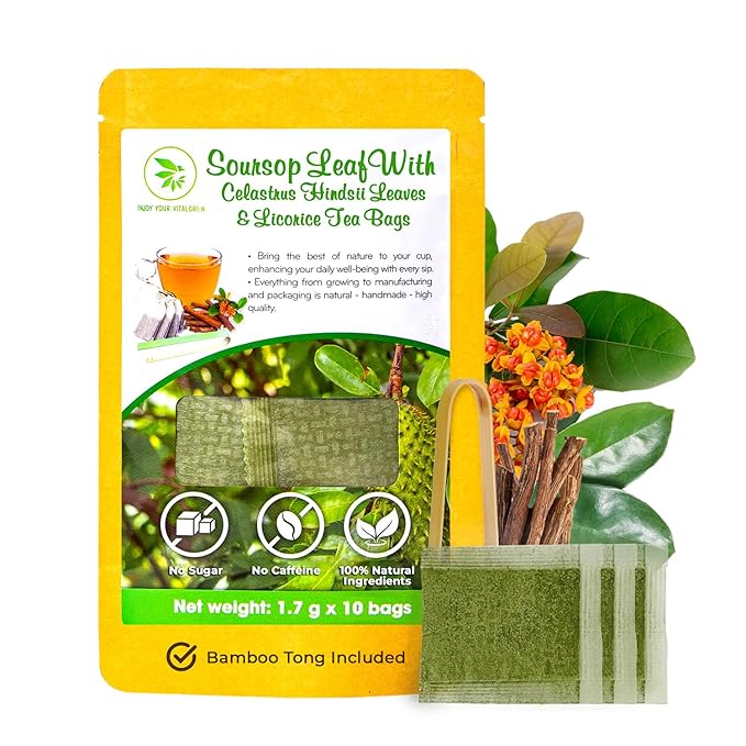 Graviola Soursop Leaf Tea Samplers with Celastrus Hindsii & Licorice - 10 Count + Bamboo Tong, Corn Based Tea Bags, Natural Herbal Tea for Comfort Relax, Re-Steep Hoja De Guanabana - Bloomnest