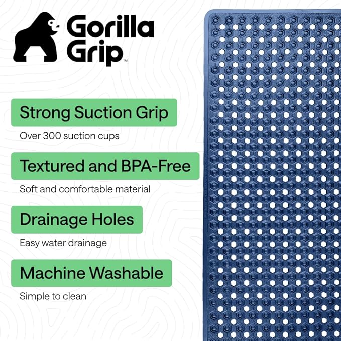GORILLA GRIP Patented Bath Tub Shower Mat, Machine Washable Bathtub Floor Liner Mats, Suction Cups and Drain Holes to Keep Tubs Clean, Soft on Feet, Bathroom Essentials, 35x16 Inch, Clear Navy - Bloomnest