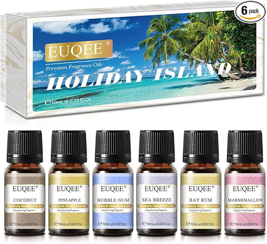 EUQEE Summer Fragrance Oil Gift Set of 6，Holiday Island Essential Oils Set for Humidifier, Aromarathepy-Pineapple, Coconut, Sea Breeze, Bubble Gum, Bay Rum, Marshmallow(10ml) EUQEE