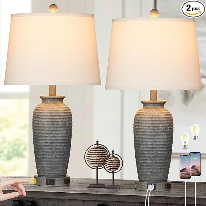 25" Farmhouse Jar Table Lamps Set of 2, 3 Way Touch Control Rustic Bedside Lamps with USB A+C Ports & AC Outlet, Pot Nightstand Lamps for Bedroom Living Room (LED Bulbs Included) - Bloomnest
