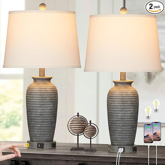 25" Farmhouse Jar Table Lamps Set of 2, 3 Way Touch Control Rustic Bedside Lamps with USB A+C Ports & AC Outlet, Pot Nightstand Lamps for Bedroom Living Room (LED Bulbs Included) - Bloomnest