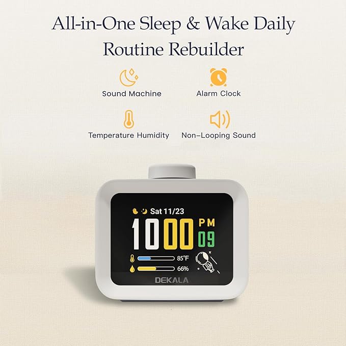 Dekala AuraDot 7-Day Programmable 4 Alarm Clock w/Temperature Humidity Monitor, White Noise Sound Machine for Sleep 30 Non-Loop Soothing Sounds, Timer/Play All Night, IPS Screen Sleep Animation,