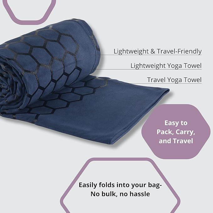 Clever Yoga Hot Yoga Mat Towel – Non-Slip Grip for Hot Yoga, Sweat Absorbent, Honeycomb Silicone Grip, Stays Flat – Ideal for Pilates, Travel, Washable & Lightweight - Dark Blue