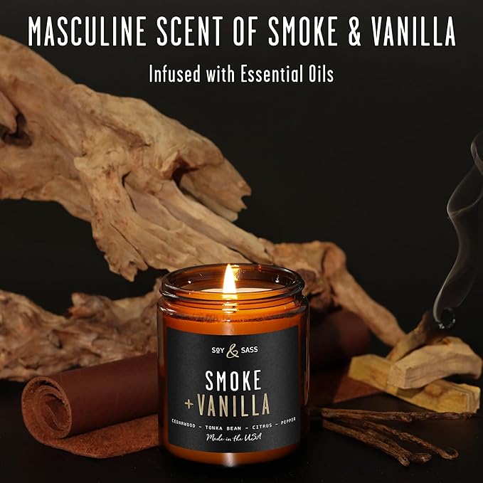 Smoke and Vanilla Candle I Scented Black Candles for Men or Women - Fire Wood, Vanilla & Smoke Soy Wax Mens Candle - Infused w/Essential Oils | Long-Lasting 50Hr Burn, 9oz I Non Toxic I Made in USA - Bloomnest
