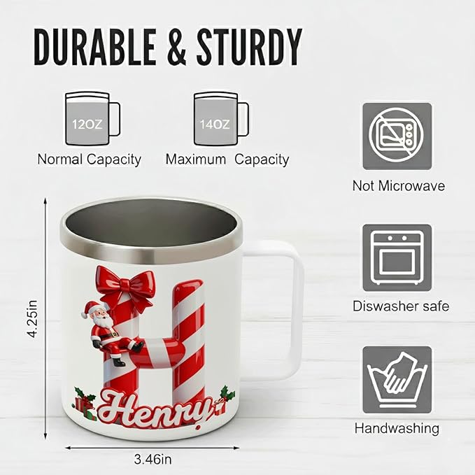 Personalized Christmas Mug | Custom Candy Cane Initial Insulated Cup with Handle & Lid | 12oz Holiday Tumbler, Cute Santa Gift for Kids, Boys & Girls (B36) - Bloomnest