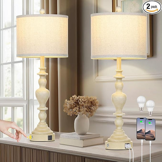 27" Farmhouse Table Lamps Set of 2, Vintage Bedside Lamps with USB A+C Charging Ports, 3-Way Dimmable Touch Control Traditional Nightstand Lamp for Living Room Beige (Bulbs Included) - Bloomnest