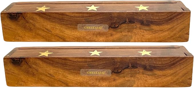 2 Pack Wooden Coffin Incense Sticks Burner - 12 Inches Brass Inlays - Storage Compartment (Large Star) - Bloomnest
