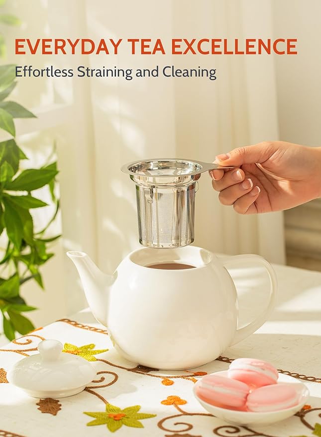Sweese Teapots for Tea, 27 oz Porcelain Tea pot with Removable Stainless Steel Infuser, Tea Pots for Loose Tea - White - Bloomnest