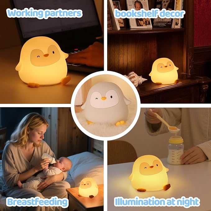 Squishy Penguin Silicone Night Light for Kids - USB Rechargeable LED Lamp with Soft Touch, Long Lasting Battery & Touch Control - Cute Penguin Light for Kids Room, Decor & Gifts - Bloomnest