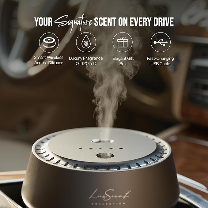 Smart Car Diffuser with 20ML Scent Oil Included - Car Air Freshener - Aromatherapy Diffuser - Portable, Compact, Cordless and Quiet Device - Deluxe Car Diffuser Luxscent Collection - Bloomnest