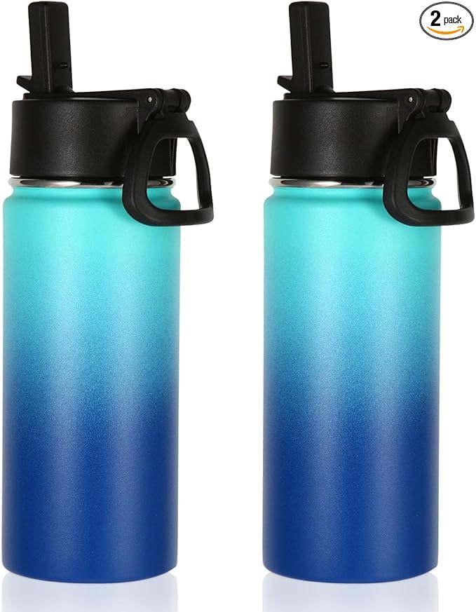 Volhoply 16 OZ Kids Water Bottle Bulk 2 Pack,Insulated Sports Bottles with Straw Lid,Stainless Steel Bottle with Handle Keep Cold & Hot,Double Wall Vacuum Tumbler Cups for School(Green Blue, 2) - Bloomnest