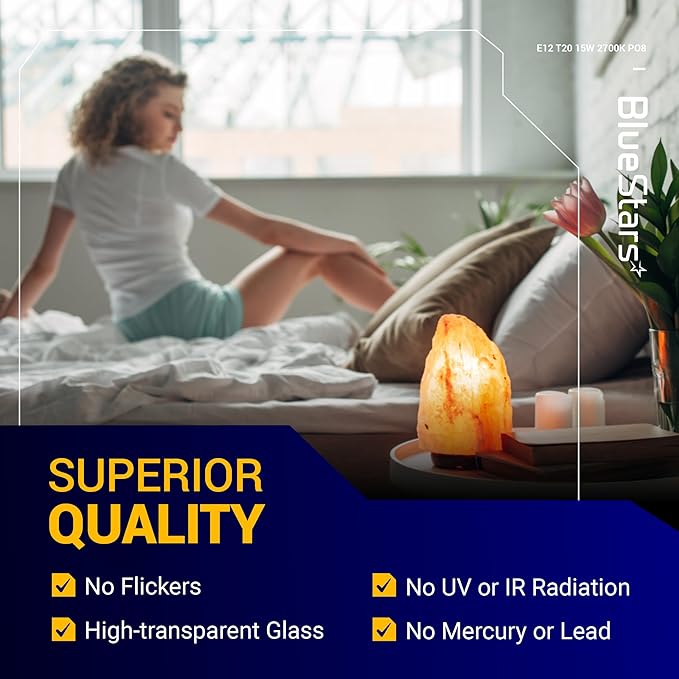 BlueStars E12 T20 Salt Lamp Bulb 120V 15W, 2700K Warm White, E12 Candelabra Base for Himalayan Salt Rock Lamps & Baskets, Scentsy Plug-in Wax Warmers, Night Lights - Pack of 8 - Bloomnest