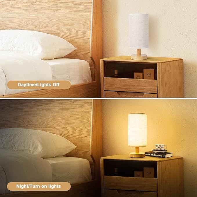Small Bedside Table Lamp for Bedroom, Minimalist Wood Base & Round Fabric Shade, Mini Cute Cozy Warm White Nightstand Boho Lamp, Study Desk Night Stand Light for Room, Dorm, Nursery, Living Room - Bloomnest