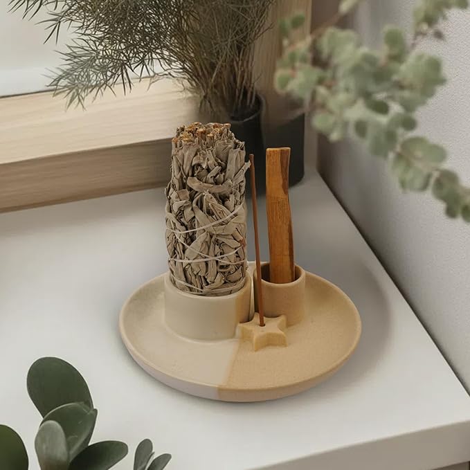 4 in 1 Incense Holder, Ceramic Incense Stick and Palo Santo Holder,Sage Holder for Burning- 5.5" Ceramic Ash Catcher Tray for Meditation and Yoga Room (Star Sand) - Bloomnest