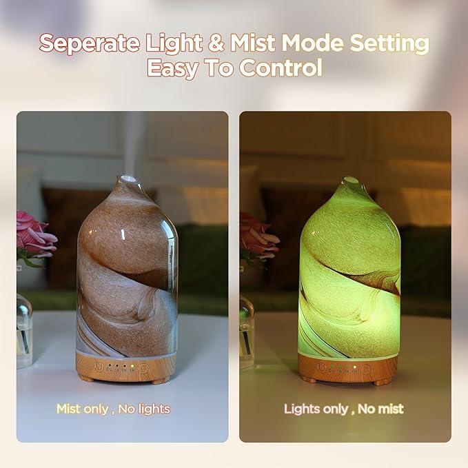 Essential Oil Diffuser Hand Blown Glass Aromatherapy Diffuser - Ultrasonic Cool Mist Scent Aroma Diffuser, Whisper Quiet with Auto Shut-Off, Timer Setting &7 Colors Night Light for Home - Bloomnest