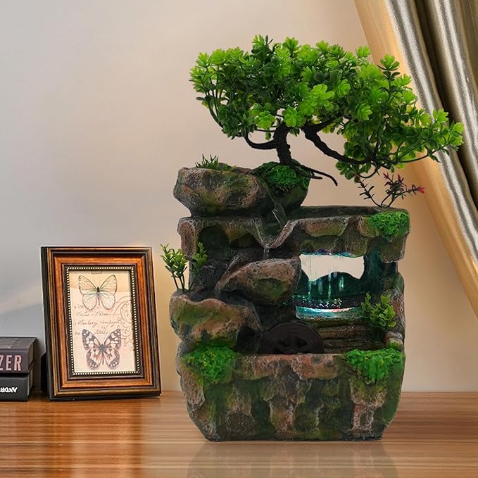 Gdrasuya10 Indoor Water Fountains, Waterfountain Indoors Rockery Fountain Goldfish Waterfall Desktop LED Decorat Tabletop Rockery, Small Waterfall for Home Office Bedroom Relaxation US Plug
