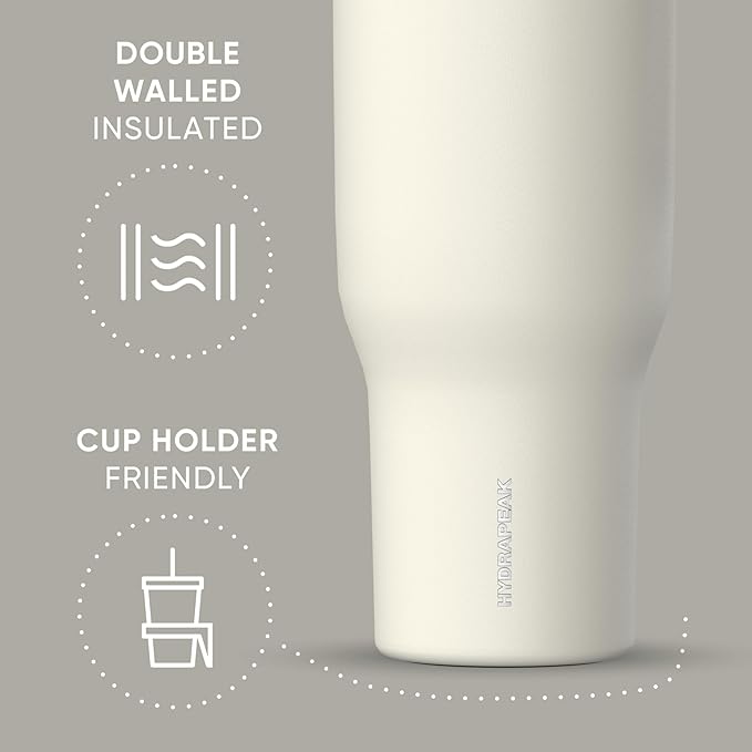 Hydrapeak Voyager 40 Oz Stainless Steel Tumbler with Handle, Insulated Water Bottle With Straw & Lid, Cupholder Friendly Reusable Travel Mug (Ivory) - Bloomnest
