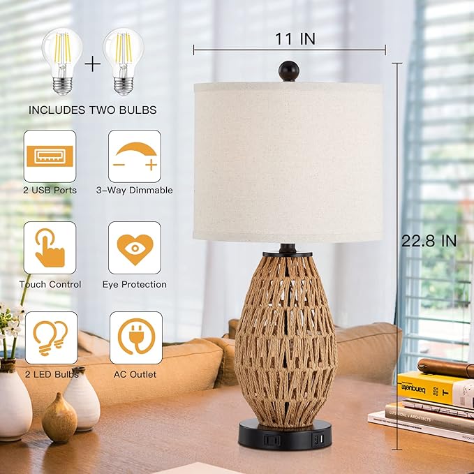 Touch Control Rattan Table Lamps, 3 Way Dimmable Bedside Lamps for Bedroom Set of 2 with 2 USB Ports and AC Outlet, Wicker Nightstand Lamps for Living Room (LED Bulbs Included) - Bloomnest