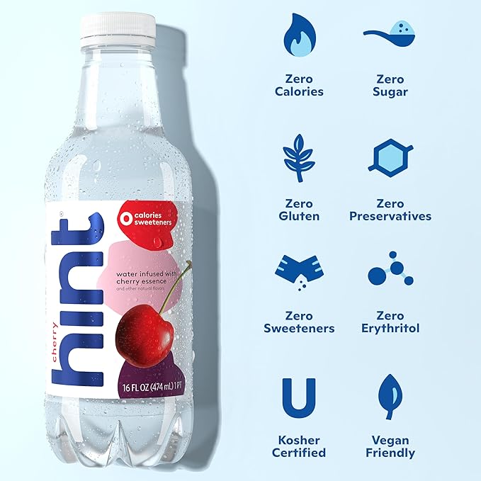 Hint Flavored Bottled Water, Cherry - Purified Water Beverages with Zero Calories, Natural Flavors, and Sugar Free - 16 Fl Oz (Pack of 12) - Bloomnest