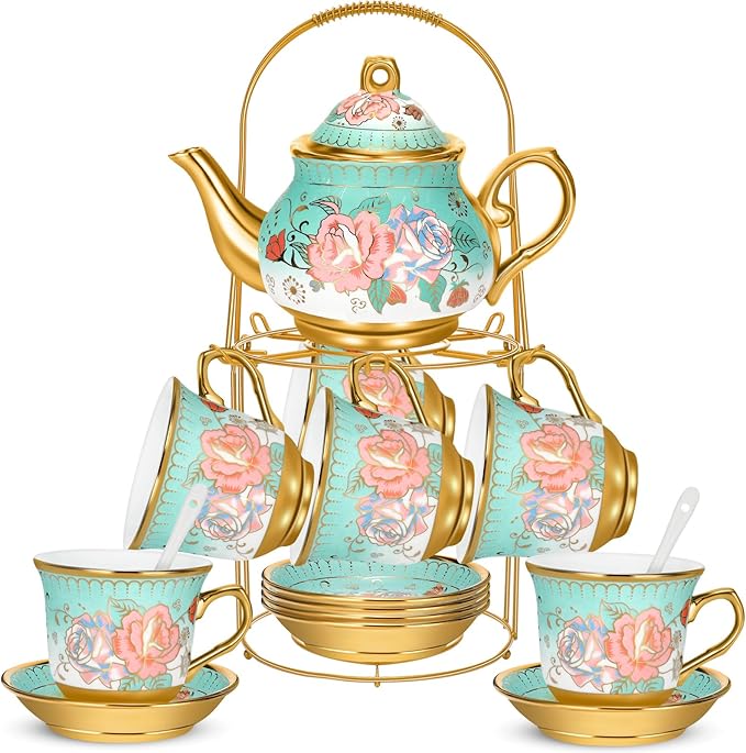 20 Pcs Porcelain Tea Set for Adults with Metal Holder and Spoon European Ceramic Tea Party Set Flower Painting Teapot Cup Saucer for Christmas Women Gifts, Serving 6 People(Modern) - Bloomnest