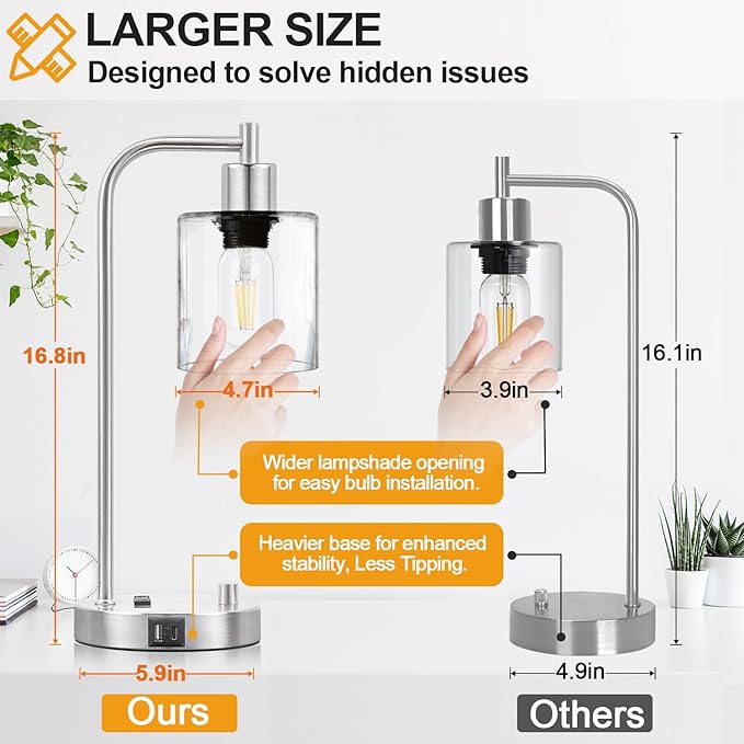 Set of 2 Industrial Table Lamps with USB C+A Ports and Outlet, Brushed Nickle Fully Stepless Dimmable Bedside Lamps, Nightstand Lamp with Clear Glass Shade for Bedroom Living Room 2 LED Bulb Included - Bloomnest