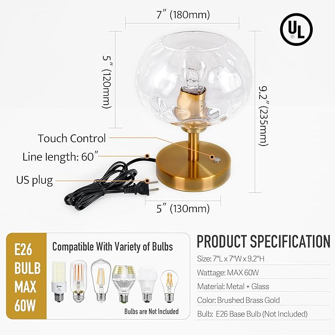 Touch Control Hammered Glass Table Lamp Brass Gold Portable Dimmable Brightness Small Nightstand Light 3-Way Stepless Dimming Bedside Bedroom Living Room (Clear Glass & Gold) - Bloomnest