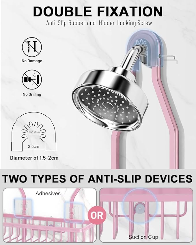 Pink Shower Caddy for Bathroom - Never Rust Hanging Shower Organizer with Soap Basket and Hooks - Large Capacity 3 Tier Aluminum Over The Showerhead Caddy - Bloomnest