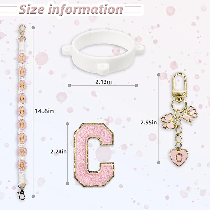 Compatible with Owala Water Bottle Accessories, Cute Letter Charm Set with Boho Handle Strap, Monogram Sticker, Silicone Ring, Keychain Decoration, for FreeSip 24 32 40oz, Owala Kids, Tumbler Gift SITKOL