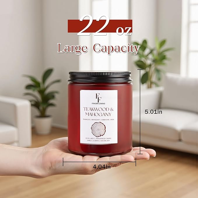 Teakwood & Mahogany Large Scented Candle, 3-Wick 22oz Long Lasting Scented Candle, Natural Soy Wax Aromatherapy Candle for Home, Autumn Candle Gifts for Women Men - Bloomnest