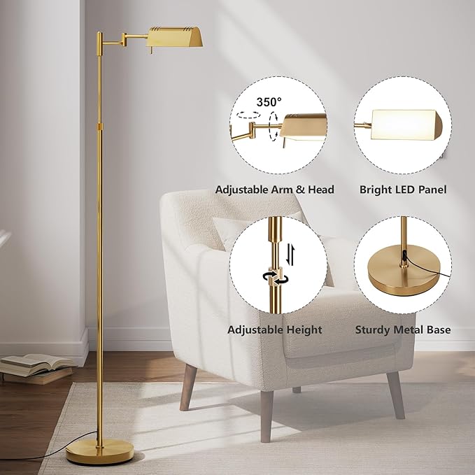 SUNMORY Dimmable LED Pharmacy Floor Lamp, 16W/1500LM Bright Reading Floor Lamp with Remote & Touch Control, 350°Swing Arm, Adjustable Task Craft Standing Lamp for Living Room Bedroom Office, Gold - Bloomnest