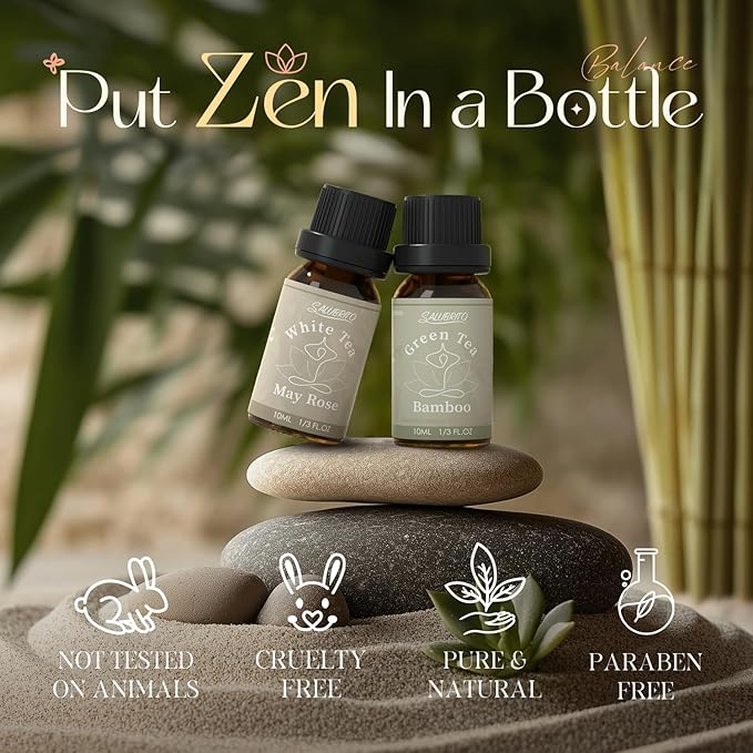 SALUBRITO Zen Fragrance Oil Set, Tea Essential Oil for Diffuser, Candle, Soap Making, White Tea, Black Tea, Green Tea Blended with Rose, Bamboo, Lavender, Sandalwood, Frankincense, Citrus Scented Oil - Bloomnest