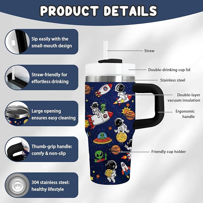 Space Themed Gifts for Boys - 14oz Kids Astronaut Tumbler with Handle and Straw, Stainless Steel Insulated Water Cup, for Sports, School - Space Themed Children's Birthday Gift Cup (1pc) - Bloomnest