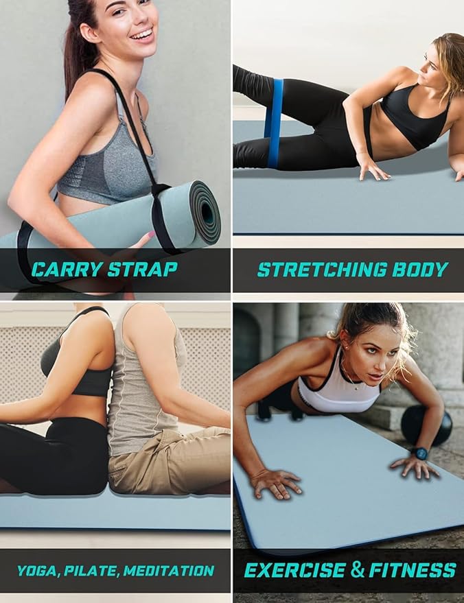Yoga Mat Double-Sided Non Slip, 72'' x 32'' x 7mm - Extra Wide & Thick Yoga Mat for Women Men Kids, Professional TPE Yoga Mats for Home Workout, Yoga, Pilates and Floor Exercise, with Carrier Strap - Bloomnest