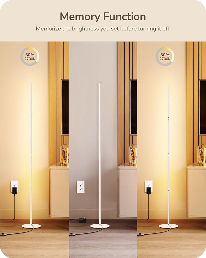 EDISHINE Corner LED Floor Lamp, 57.5" Dimmable Corner Light with Remote, 3 Color Temperature 3000K-4500K-6000K, Minimalist Floor Lamp for Bedroom, Living Room, Office, White - Bloomnest