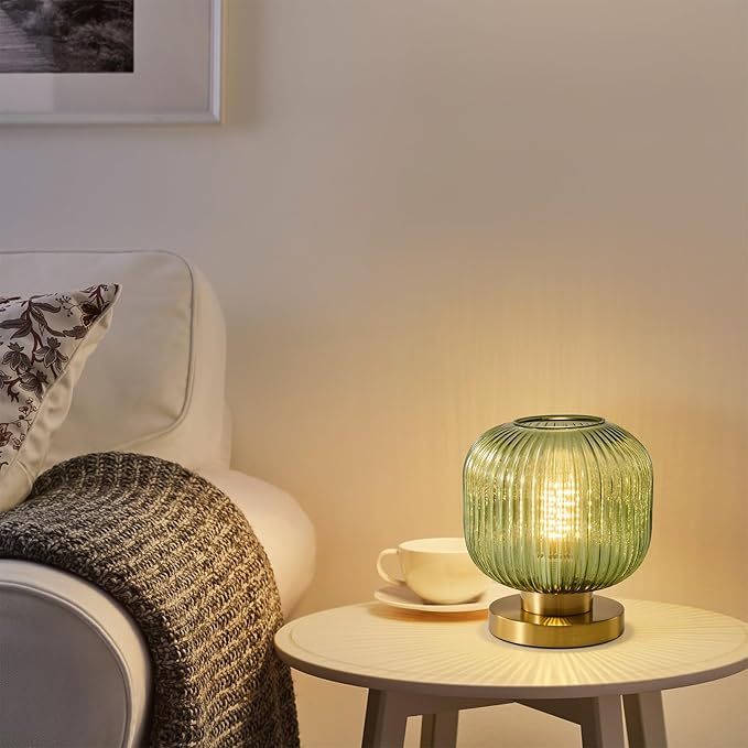 Mid Century Green Table Lamp: Vintage Ribbed Globe Pumpkin Glass Dimmable Plug in Small Bedside Lamps - Cute Brass Gold Modern Side Table Lamp Nightstand Light for Bedroom Entryway Desk Living Room - Bloomnest