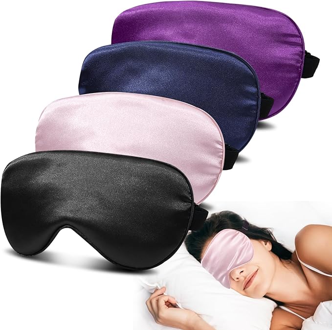 4 Pack Silk Sleep Mask - 100% Blackout, Zero Eye Pressure, Blindfold with Adjustable Strap, Super Soft Travel Eye Covers (Black, Pink, Blue, Purple) - Bloomnest