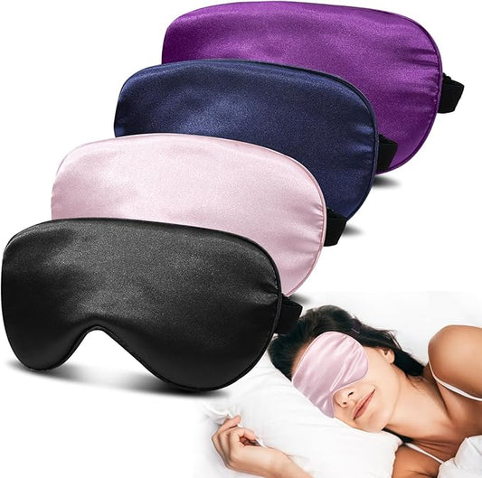 4 Pack Silk Sleep Mask - 100% Blackout, Zero Eye Pressure, Blindfold with Adjustable Strap, Super Soft Travel Eye Covers (Black, Pink, Blue, Purple) - Bloomnest