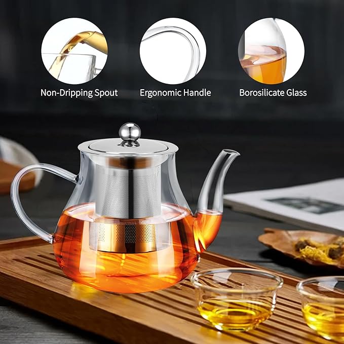 Glass Teapot 28oz/800ml with Removable Infuser, Borosilicate Clear Tea Kettle, Stovetop Safe Tea Kettle Blooming Loose Leaf Teapots, for Camping, Travel - Bloomnest