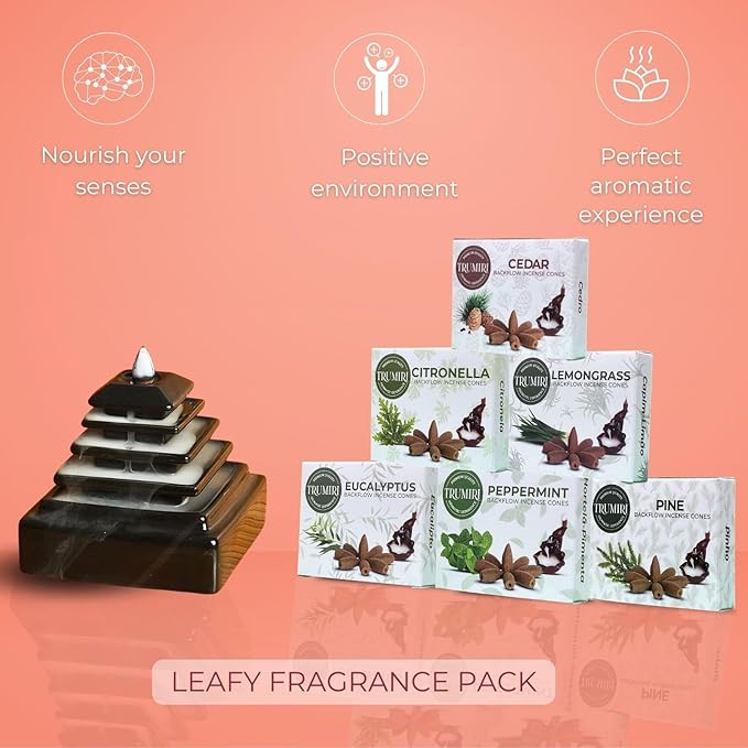 Leafy - Backflow Incense Cones for Waterfall - Scented Inscents-Cones - Peppermint, Citronella, Pine, Cedar, Eucalyptus, Lemongrass - Insiensos Aromaticos - 6x10=60 Large Variety Pack TRUMIRI