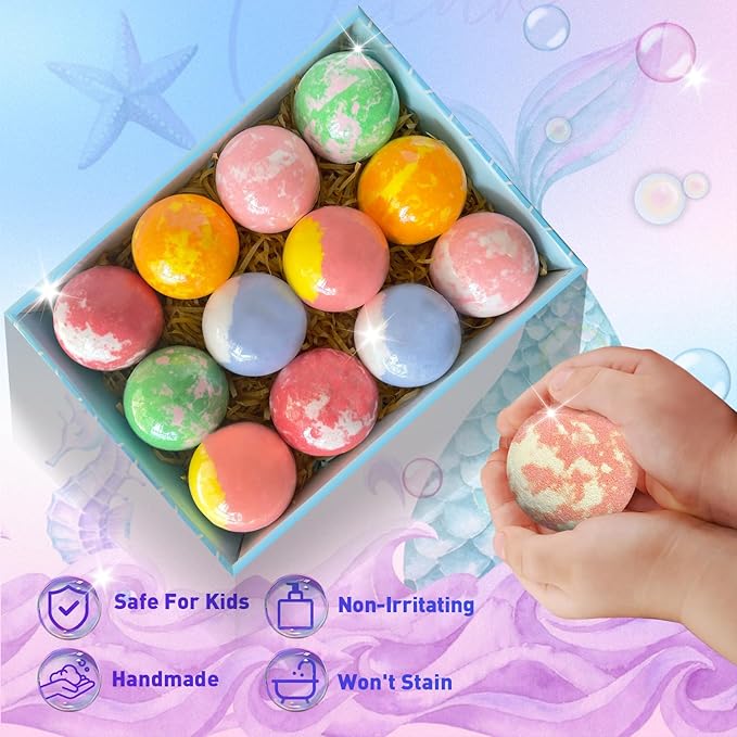 Bath Bombs for Kids with Surprise Inside, 12pcs Kids Bath Bombs with Mermaid Toys Gift Set for Girls, Shea & Coco Butter Dry Skin Moisturize, Handmade Fizzy Bubble Spa Bath Ball for Birthday Christmas - Bloomnest