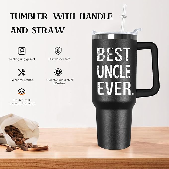 Ceovfoi 40 oz Uncle Tumbler with Handle Lid and Straw,Black Uncle Stainless Steel Cups Mug water Botter,Fathers Day Gift For Uncle From Niece, Nephew - Bloomnest