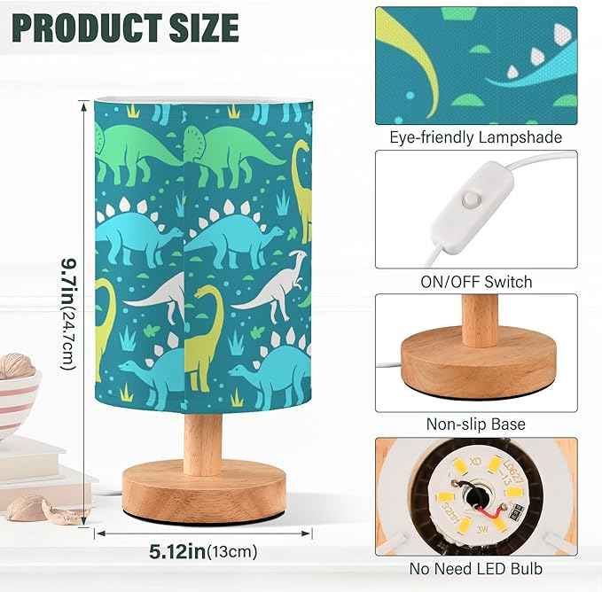 Table Lamp Cartoon Dinosaurs Grass Pattern Nightstand Lamp with Wood Base Fabric Lamp Shade Bedside Desk Lamp for Living Room Bedroom Kids Room Office - Bloomnest