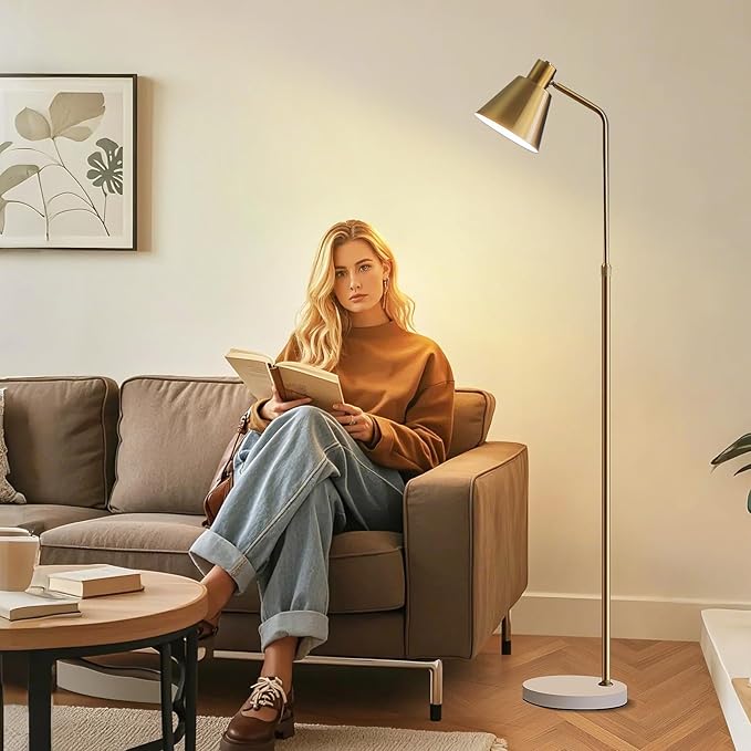 Gold Brass Industrial Floor Lamps with Bright 12W LED Bulb Adjustable 3 Colors, Living Room Sofa Corner Bedroom Bedside Office Study Reading Standing Tall Lights, Unique Modern Home Decor Essentials - Bloomnest