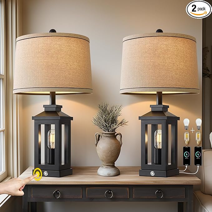 23.75" Retro Farmhouse Black Table Lamp for Living Room Bedroom Nightstand Set of 2 Touch Control Bedside Nightlight Vintage Modern Lamp with USB C+A Ports and 2 Light Sources - Bloomnest