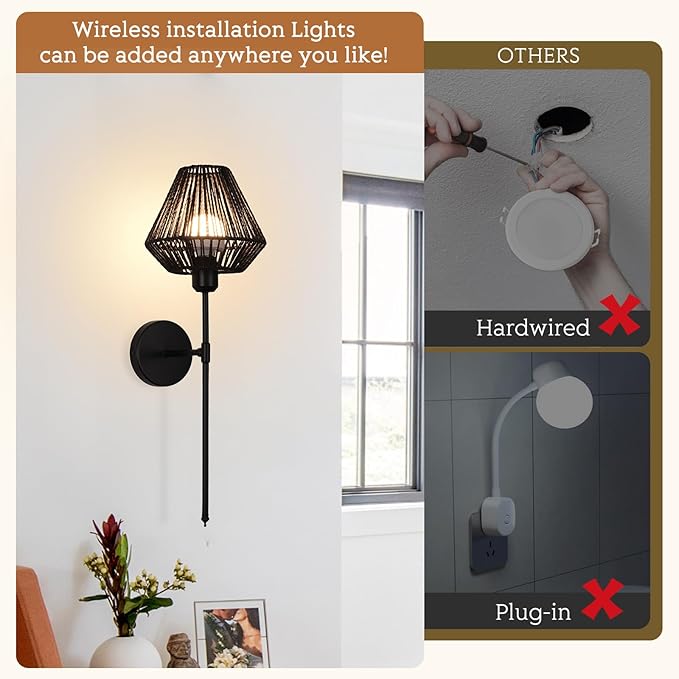 Battery Operated Wall Sconces Set of 2,Rattan Rechargeable Wall Light Dimmable with Remote Control,15 Color Changing and Timer,Boho Wireless Black Wall Lamps for Bedroom,Living Room - Bloomnest