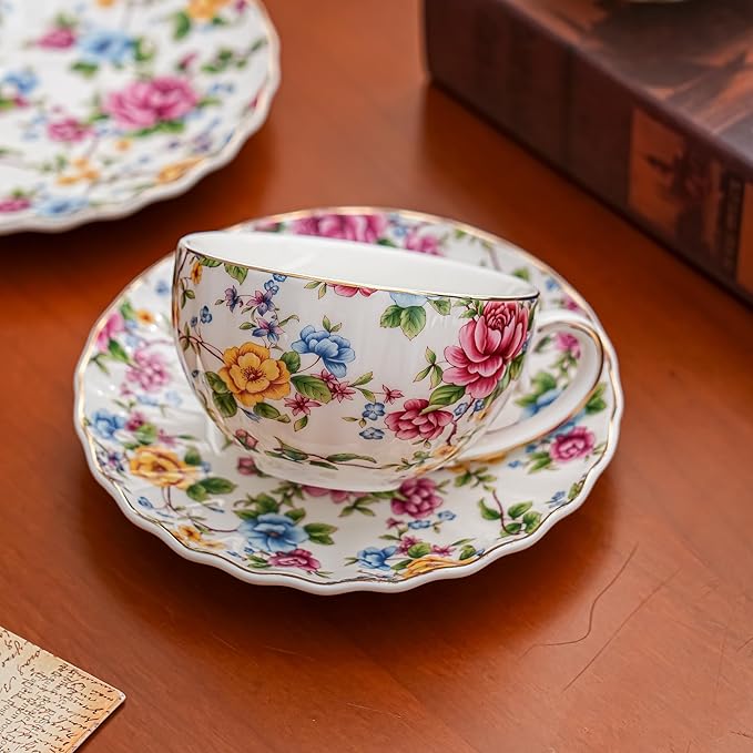 Ceramic Tea Cup and Saucers, 6.4oz Floral Tea Cups, Coffee Cappuccino Espresso Latte Mugs for Party Birthday,Christmas Gift (Flowers and green leaves) - Bloomnest
