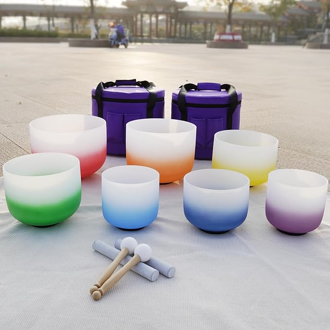 KVKA 432Hz 6-12" Set of 7 pcs Aria Colored Quartz Crystal Singing Bowl Sound Healing Tuned Bell with Carrying Case