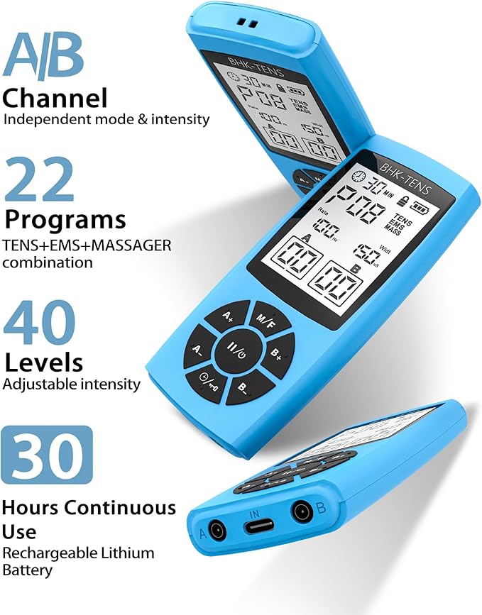 Rechargeable TENS Unit Machine for Pain Relief Therapy, Electronic EMS Muscle Stimulator for Shoulder Pain Relief, TENS&EMS Stimulator for Back Pain, Shoulder Neck Pain Relief, Sciatica Pain, Blue BHKTENS