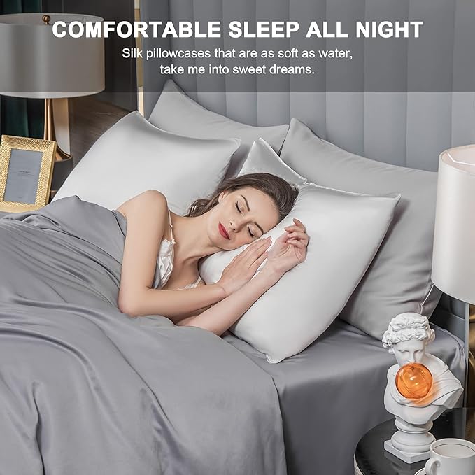 SIYUAN Silk Light Gray Pillowcase, Standard Size, Temperature Regulator, Beauty Anti-Aging, Hidden Zipper - Bloomnest